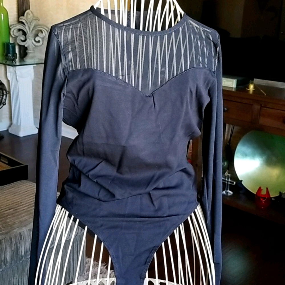 Black long sleeve bodysuit with mesh